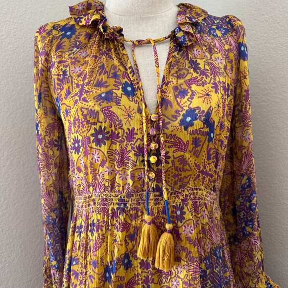 Anthropologie Slip Chiffon Maxi Dress Dorset Button Ruffle Tassel Smocked Gold S - Picture 6 of 15